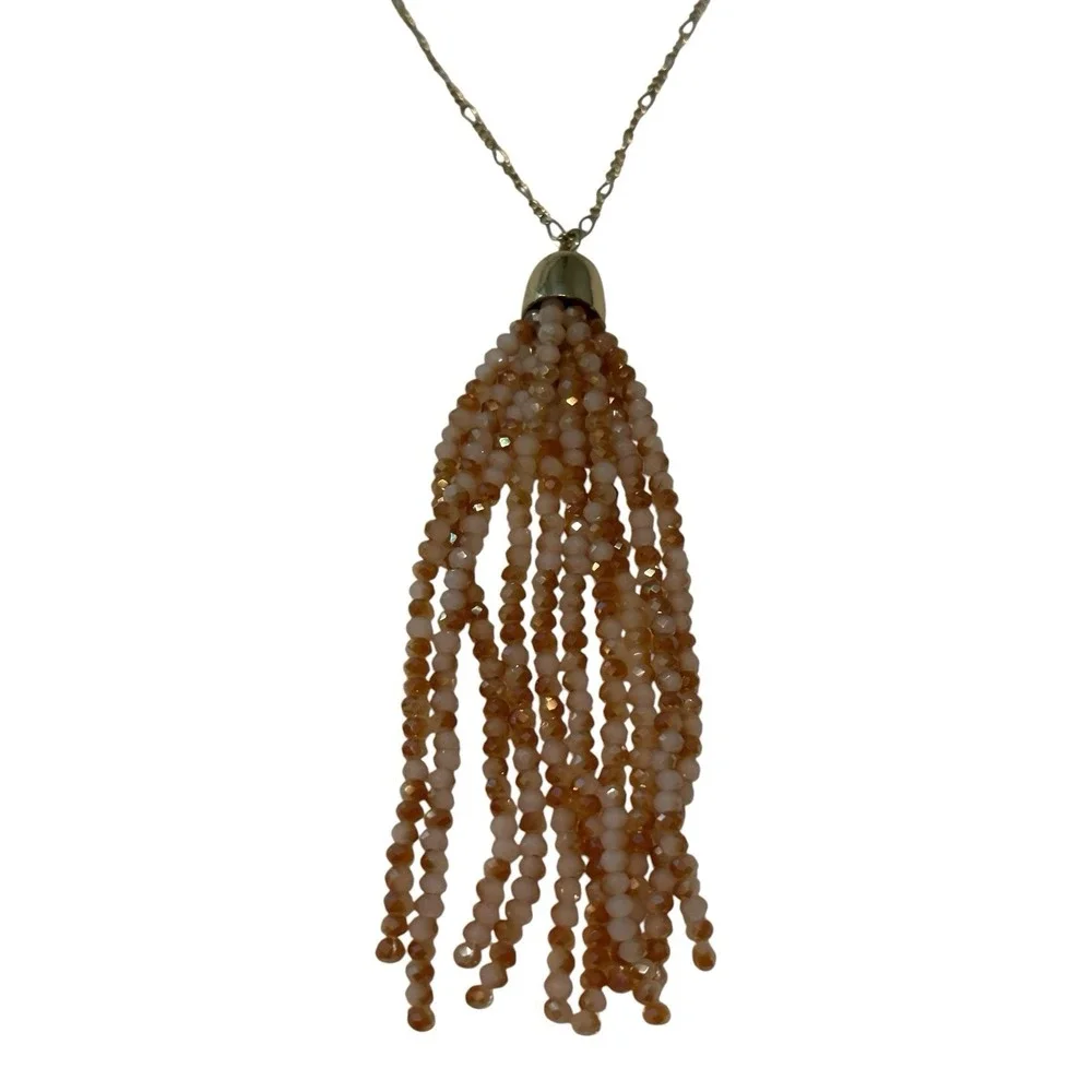 Faceted Bead Pendent Necklace Tassel Gold Tone Figaro Chain Blush Pink 30